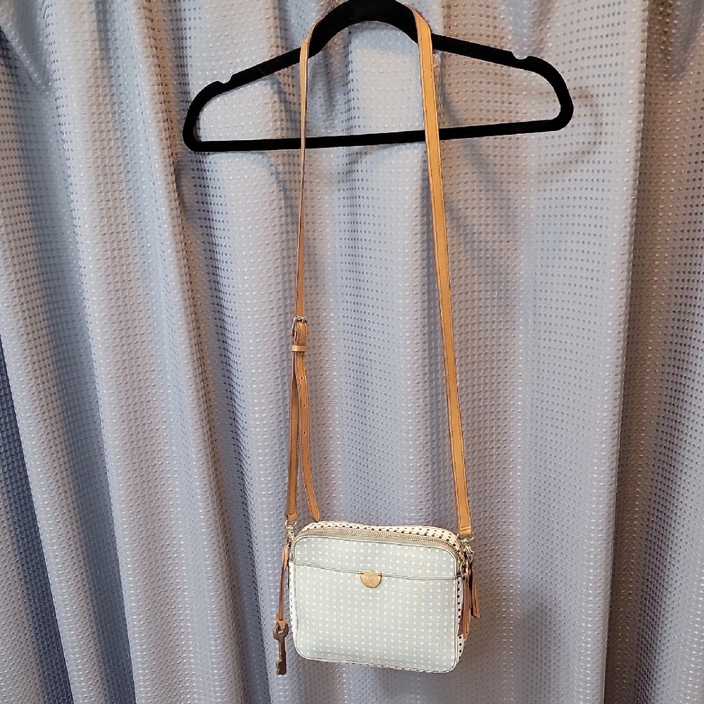 Fossil Sydney Grey White Polka Dot Crossbody Coated Canvas Shoulder Bag